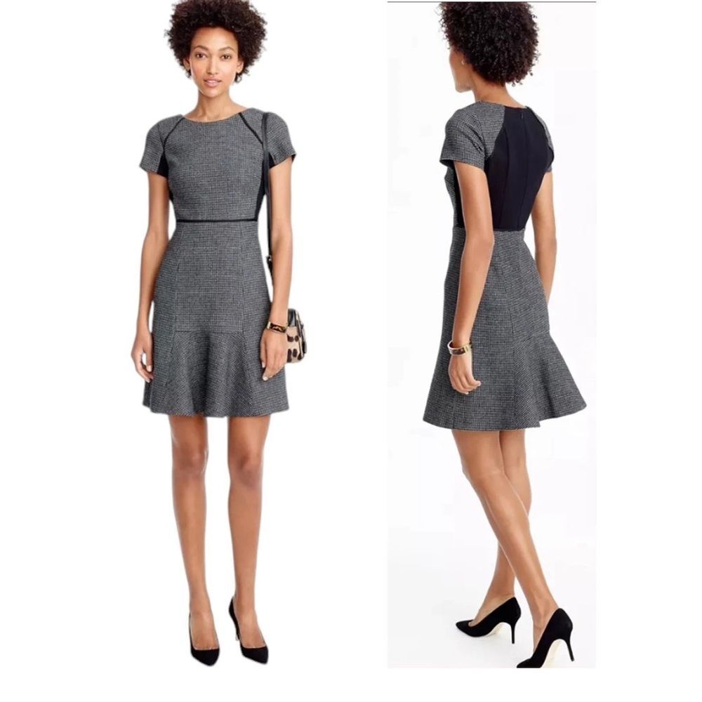 NEW J. Crew Black and Gray Checkered Wool Flutter Dress Size XS